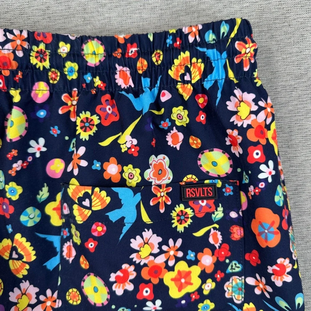 RSVLTS Swim Trunks Mens S Navy Blue Floral Bird Print Quick Dry Stretch Shorts
